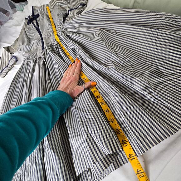 Vintage handmade striped dress 50s 60s XXS petite high neck blue cream ivory - Picture 9 of 15